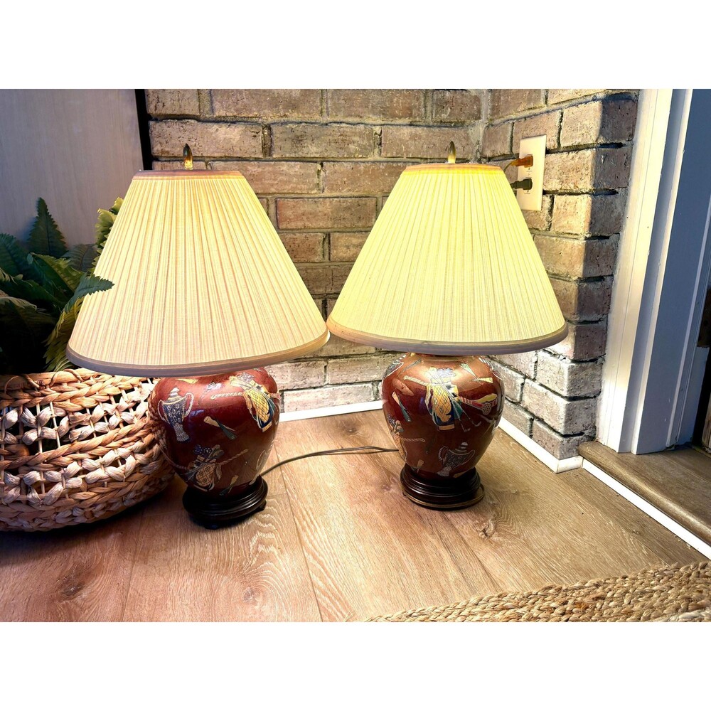 Vintage Golf Table Lamps Pair Burgundy Ceramic Golfer Lamp Country Club Decor - Picture 2 of 14